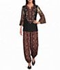 Calessa Woven Multi Print Embroidered Split V-Neck 3/4 Bell Sleeve Tunic - Image 3