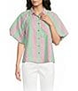 Calessa Woven Multi Stripe Point Collar Elbow Length Sleeve Button Front Tunic - Image 1