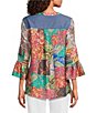 Calessa Woven Patchwork Embroidered Split V-Neck 3/4 Sleeve Tunic - Image 2