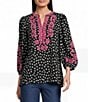Calessa Woven Polka Dot Embroidered Split V-Neck 3/4 Sleeve Tunic - Image 1