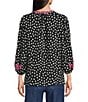 Calessa Woven Polka Dot Embroidered Split V-Neck 3/4 Sleeve Tunic - Image 2