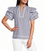 Calessa Woven Split Stand Round Neck Short Layered Sleeve Tunic - Image 1