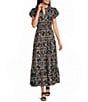 Calessa Woven Split V-Neck Puff Sleeve A-Line Midi Dress - Image 1