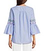 Calessa Woven Stripe Embroidered Split V-Neck 3/4 Bell Sleeve Tunic - Image 2