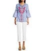 Calessa Woven Stripe Embroidered Split V-Neck 3/4 Bell Sleeve Tunic - Image 3