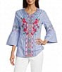 Calessa Woven Stripe Embroidered Split V-Neck 3/4 Bell Sleeve Tunic - Image 1