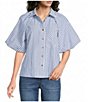 Calessa Woven Stripe Point Collar Elbow Length Balloon Sleeve Button Front Shirt - Image 1