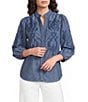 Calessa Woven Stripe Split V-Neck 3/4 Balloon Sleeve Embroidered Button Front Tunic - Image 5