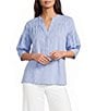Calessa Woven Stripe Split V-Neck Elbow Length Sleeve Tunic - Image 1