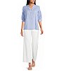 Calessa Woven Stripe Split V-Neck Elbow Length Sleeve Tunic - Image 3