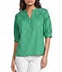 Calessa Woven Stripe Split V-Neck Elbow Length Sleeve Tunic - Image 1