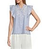 Calessa Woven Stripe Split-V-Neck Ruffle Cap Sleeve Embroidered Button-Front Tunic - Image 1