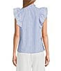 Calessa Woven Stripe Split-V-Neck Ruffle Cap Sleeve Embroidered Button-Front Tunic - Image 2