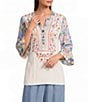 Calessa Woven Textured Embroidered Patchwork Split V-Neck 3/4 Bell Sleeve Tunic - Image 1