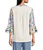 Calessa Woven Textured Embroidered Patchwork Split V-Neck 3/4 Bell Sleeve Tunic - Image 2