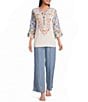 Calessa Woven Textured Embroidered Patchwork Split V-Neck 3/4 Bell Sleeve Tunic - Image 3