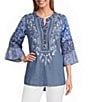 Calessa Woven Textured Embroidered Split V-Neck 3/4 Bell Sleeve Tunic - Image 1