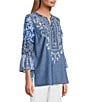 Calessa Woven Textured Embroidered Split V-Neck 3/4 Bell Sleeve Tunic - Image 3