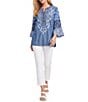 Calessa Woven Textured Embroidered Split V-Neck 3/4 Bell Sleeve Tunic - Image 5