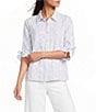 Calessa Woven Yarn Dye Stripe Embroidered Point Collar 3/4 Roll-Tab Sleeve Button Front Tunic - Image 1
