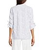 Calessa Woven Yarn Dye Stripe Embroidered Point Collar 3/4 Roll-Tab Sleeve Button Front Tunic - Image 2