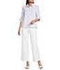 Calessa Woven Yarn Dye Stripe Embroidered Point Collar 3/4 Roll-Tab Sleeve Button Front Tunic - Image 3