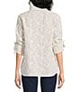 Calessa Woven Yarn Dye Stripe Embroidered Point Collar 3/4 Roll-Tab Sleeve Button Front Tunic - Image 2