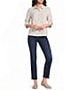 Calessa Woven Yarn Dye Stripe Embroidered Point Collar 3/4 Roll-Tab Sleeve Button Front Tunic - Image 3