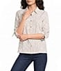 Calessa Woven Yarn Dye Stripe Embroidered Point Collar 3/4 Roll-Tab Sleeve Button Front Tunic - Image 1