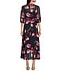 Calvin Klein 3/4 Sleeve V-Neck Floral Chiffon Faux Wrap Midi Dress, Color:Indigo Multi - Image 2