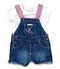 Color:Assorted - Image 1 - Baby Girls 12-24 Months Sleeveless Denim Shortall & Short-Sleeve Smocked Muslin Top