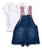 Color:Assorted - Image 2 - Baby Girls 12-24 Months Sleeveless Denim Shortall & Short-Sleeve Smocked Muslin Top