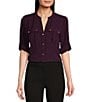 Color:Aubergine - Image 1 - Banded Collar Pocket Detail Long Roll-Tab Sleeve Blouse