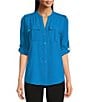 Color:Cerulean - Image 1 - Banded Collar Pocket Detail Long Roll-Tab Sleeve Blouse
