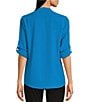 Color:Cerulean - Image 2 - Banded Collar Pocket Detail Long Roll-Tab Sleeve Blouse