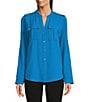 Color:Cerulean - Image 3 - Banded Collar Pocket Detail Long Roll-Tab Sleeve Blouse