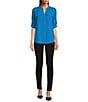Color:Cerulean - Image 4 - Banded Collar Pocket Detail Long Roll-Tab Sleeve Blouse