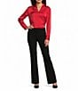 Calvin Klein Charmeuse Deep V-Neck Long Sleeve Blouse, Color:Cherry Red - Image 4