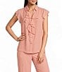 Calvin Klein Chiffon Flutter Sleeve Point Collar Ruffle Button Front Blouse - Image 1