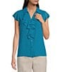 Calvin Klein Chiffon Futter Sleeve Point Collar Ruffle Button Front Blouse - Image 1