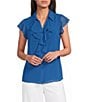 Calvin Klein Chiffon Point Collar Futter Cap Sleeve Ruffle Button Front Blouse - Image 1