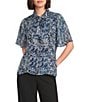 Calvin Klein Chiffon Printed Tie Neck Short Flutter Sleeve Button Front Blouse - Image 1