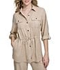 Color:Nomad - Image 1 - Collared Neck Rolled Sleeve Drawstring Tunic