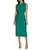 Calvin Klein Collared Neck Sleeveless Belted Crosshatch Crepe Sheath Midi Dress, Color:Meadow - Image 1
