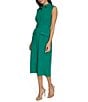 Calvin Klein Collared Neck Sleeveless Belted Crosshatch Crepe Sheath Midi Dress, Color:Meadow - Image 3