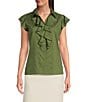 Calvin Klein Cotton Flutter Sleeve Collared Ruffle Button Front Blouse, Color:Green Olive - Image 1