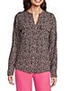 Calvin Klein Crew Neck Printed Roll Sleeve Button Front Blouse, Color:Peony Multi - Image 2