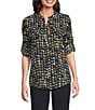 Calvin Klein Crew Neck Roll Tab Sleeve Button Front Blouse, Color:Cypress Multi - Image 1