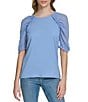 Color:Bayou - Image 1 - Crew Neck Ruched Short Sleeve Blouse