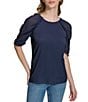 Color:Twilight - Image 1 - Crew Neck Ruched Short Sleeve Blouse